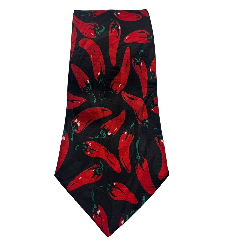 Vintage Steven Harris Red Jalapenos Black Polyester Mens Tie Necktie Hand Made